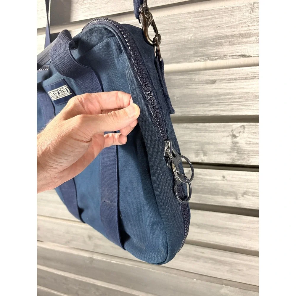 Lands End Vintage Navy Blue Canvas Briefcase Messenger Laptop Bag Made in USA